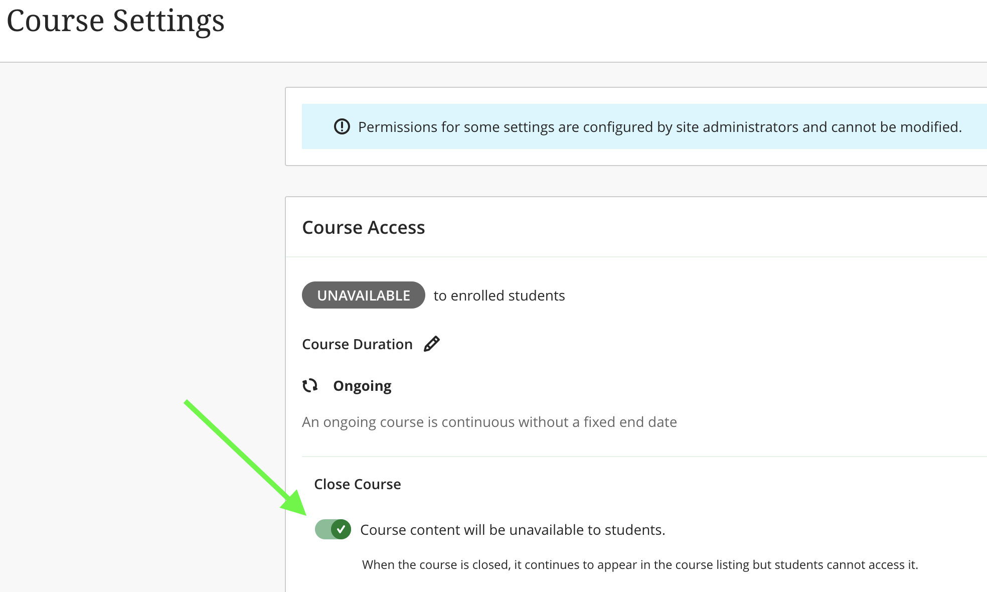 screenshot of Course Settings screen, with an arrow pointing to Close Course